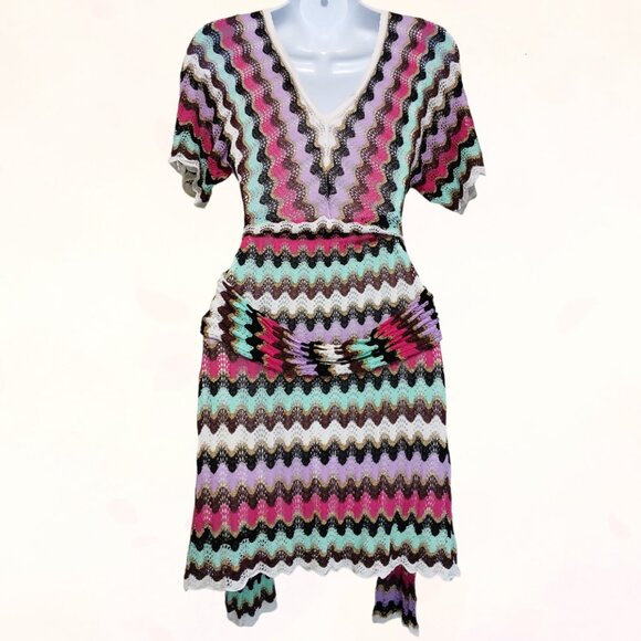 Guess Vintage Zig Zag Stretchy Metallic Gold Knit Fabric Belt Mini Dress Size S - Picture 7 of 16